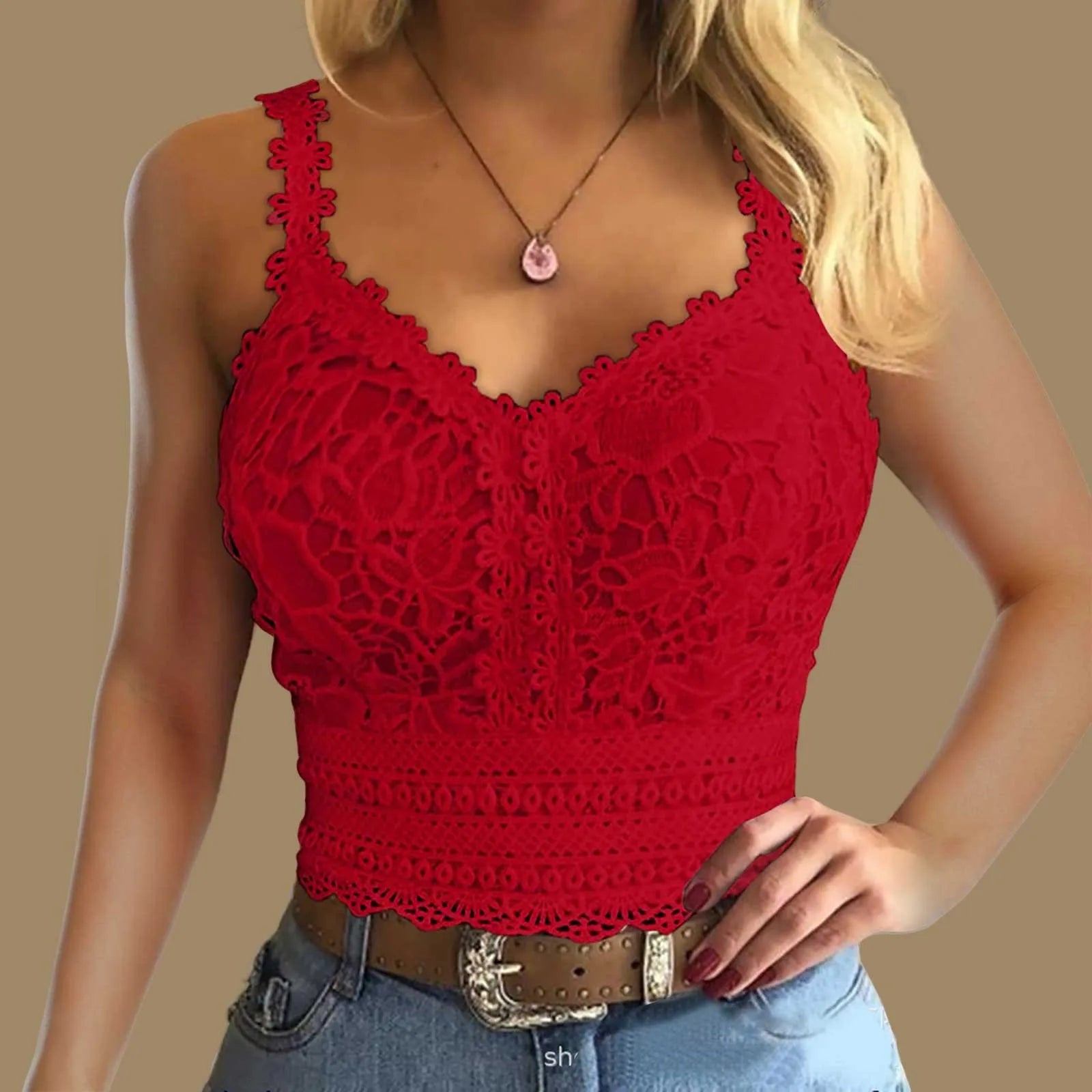 Sexy Spitzen-Crop-Top mit V-Ausschnitt – Ärmelloses Tanktop für Damen